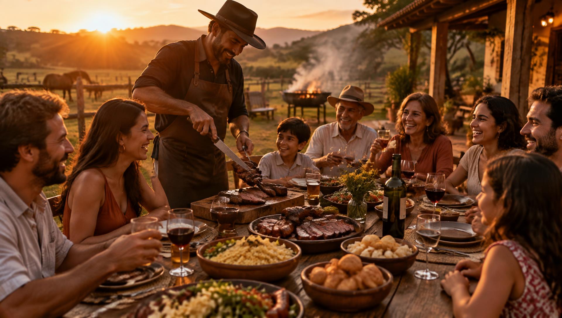 Família e amigos reunidos em volta da mesa de churrasco ao entardecer